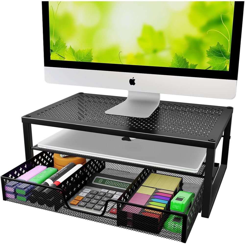 Laptop Stand Bamboo - Black Metal Monitor Stand and Desk