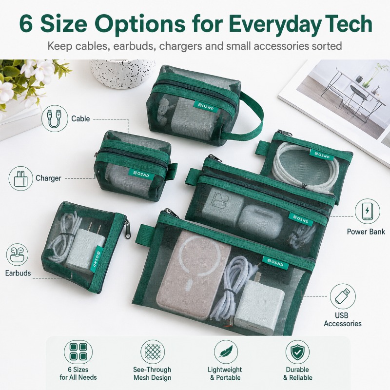 6PCS Mesh Tech Organizer Pouch - Tech Woven Accessories avaliação e preço